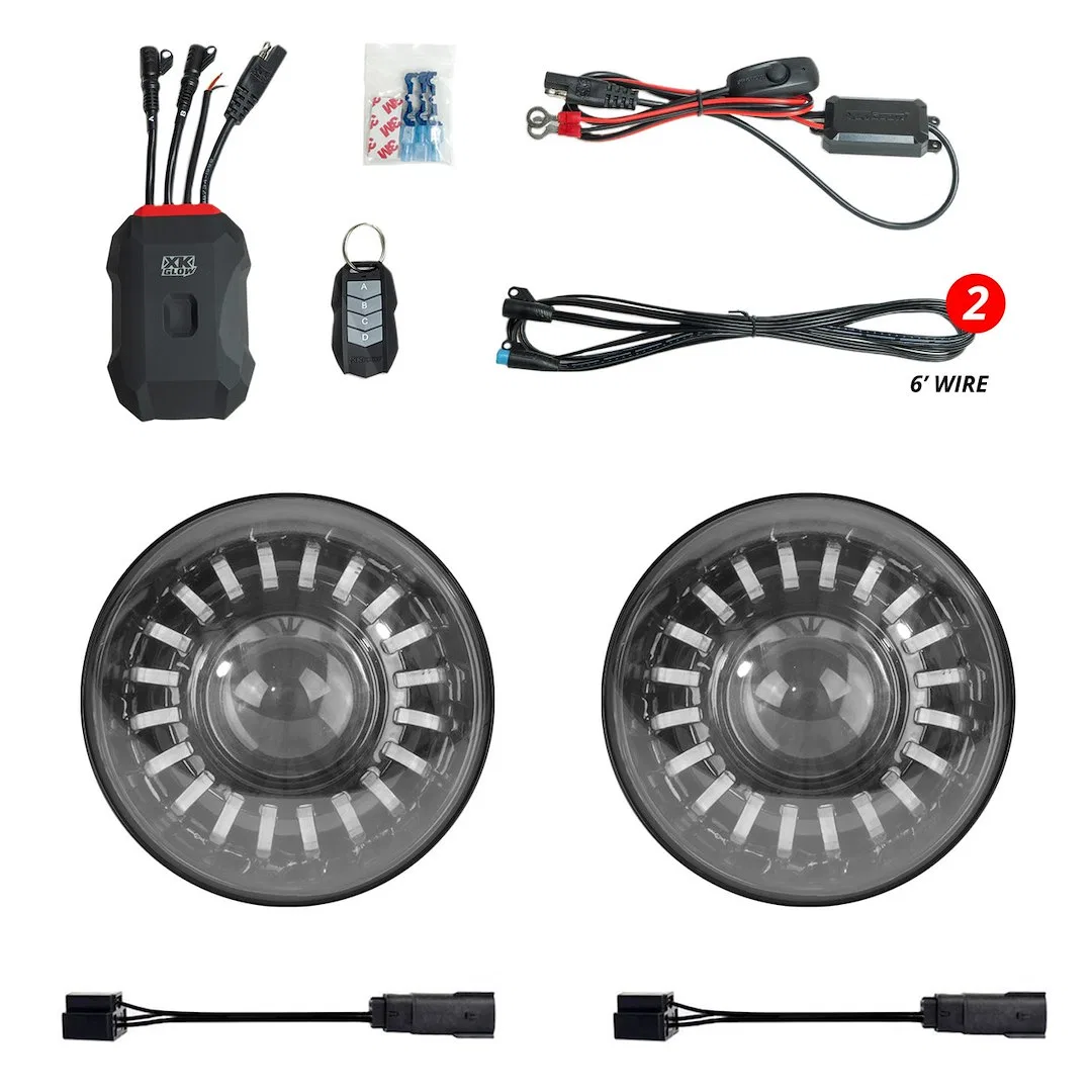 MX-7IN-JP-KIT – XK GLOW Headlight Assembly, LED Bulb 11 To 14 Volt 5 Amp Per Channel 33 Watt Low Beam/ 39 Watt High B...